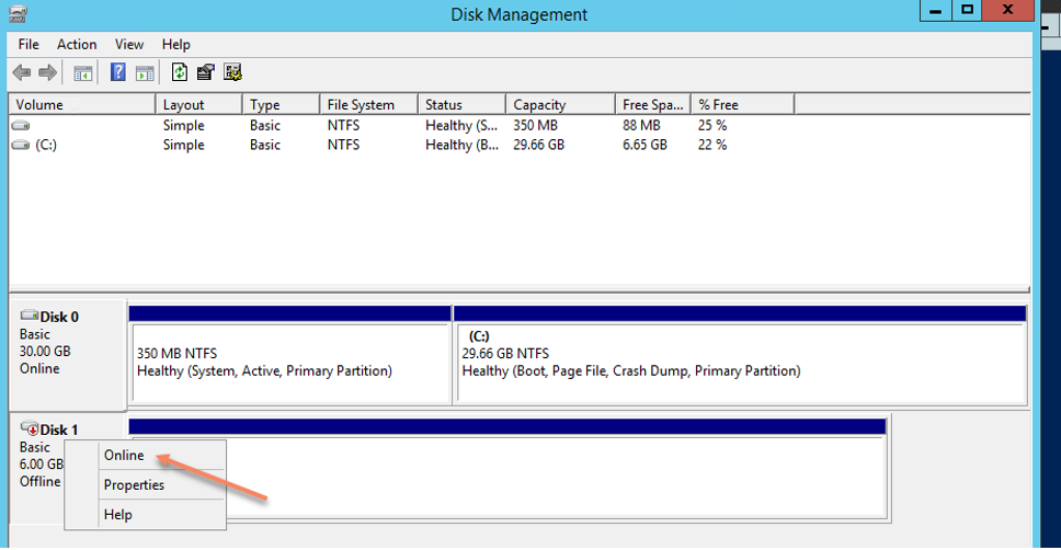 Amazon EC2 console Disk Management screen showing how to set the volume “Online”