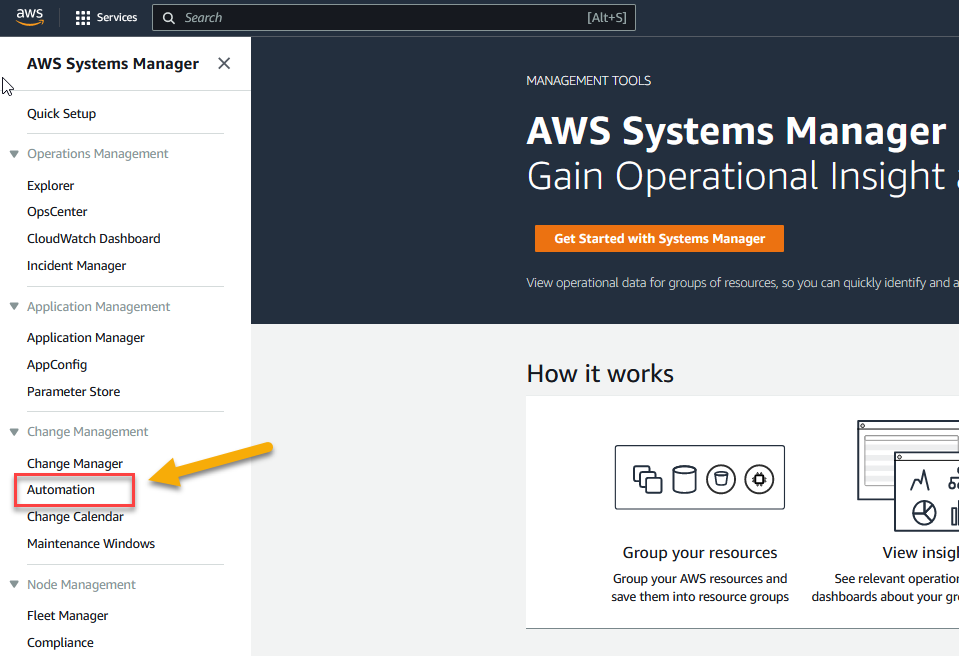 AWS Systems Manager Automation Menu