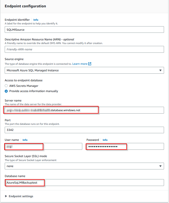 Figure 11. AWS DMS Endpoint configuration for Azure SQL Managed Instance as source