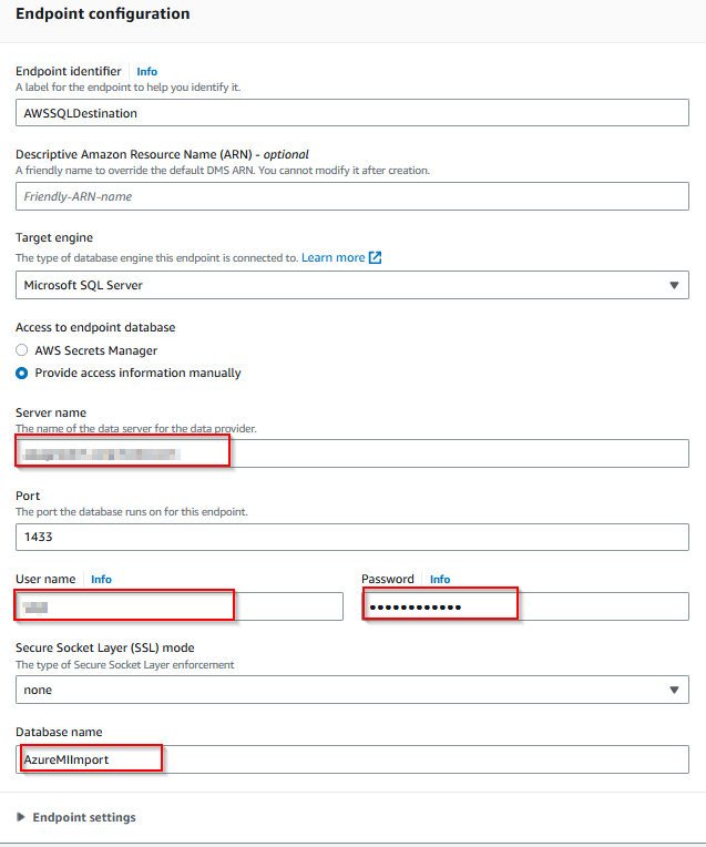 Figure 12 AWS DMS endpoint configuration for SQL Server on EC2 as destination