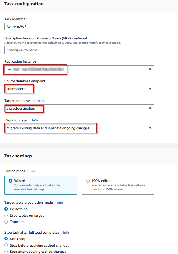 Figure 13. AWS DMS Migration task configuration