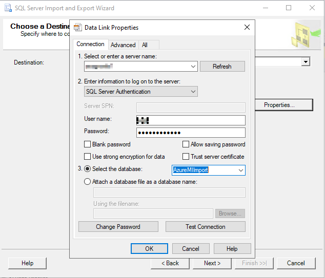 Figure 16 Choose destination for SQL Server Import and Export Wizard