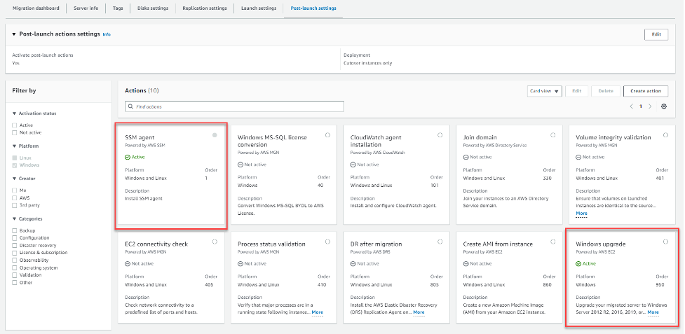 AWS Systems Manager Agent, and Windows Upgrade selection in the post-launch setting page.