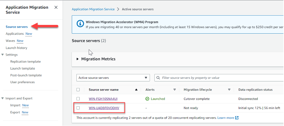 A view of the AWS Application Migration Service page showing the active source servers selection.