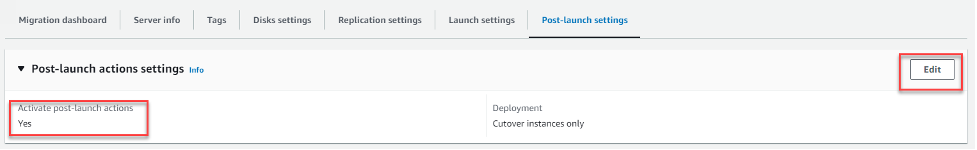 A view of the Application Migration Service screen post launch action “edit” option.