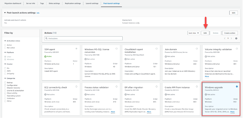 A view of the post-launch action setting page showing the Windows upgrade option.