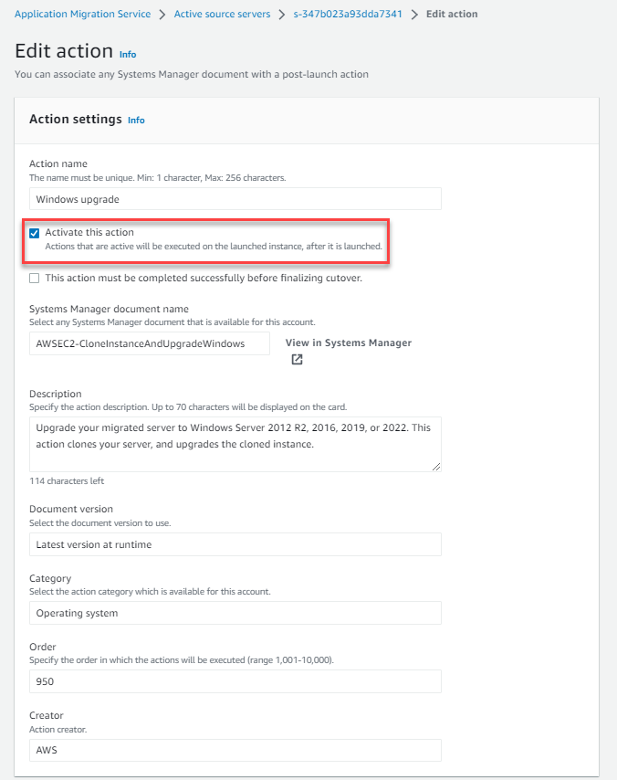 A view of the edit action page for the Windows upgrade task.