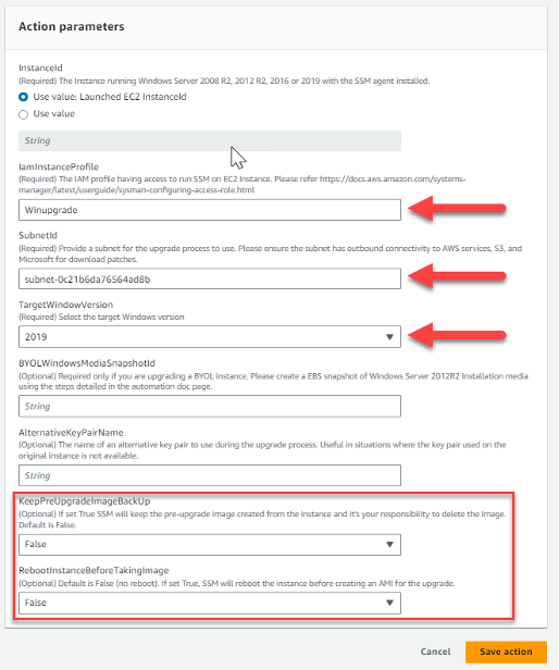 Viewing the action parameters page showing the option to leave the pre-upgraded image untouched.