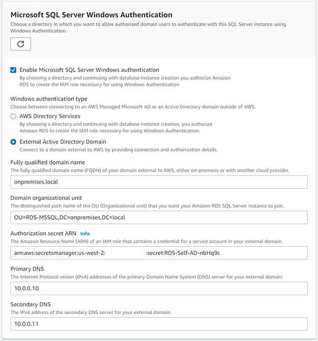 Figure 3: Amazon RDS self-managed AD Configuration