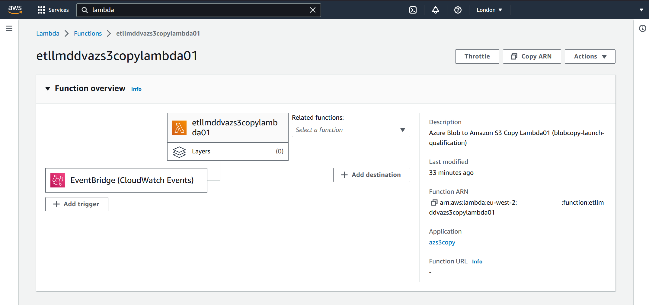 Screenshot showing Lambda function 1 landing page