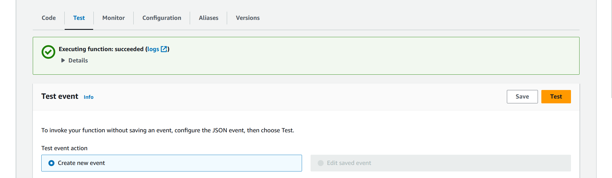 Screenshot showing how s successful test trigger of Lambda Function 1
