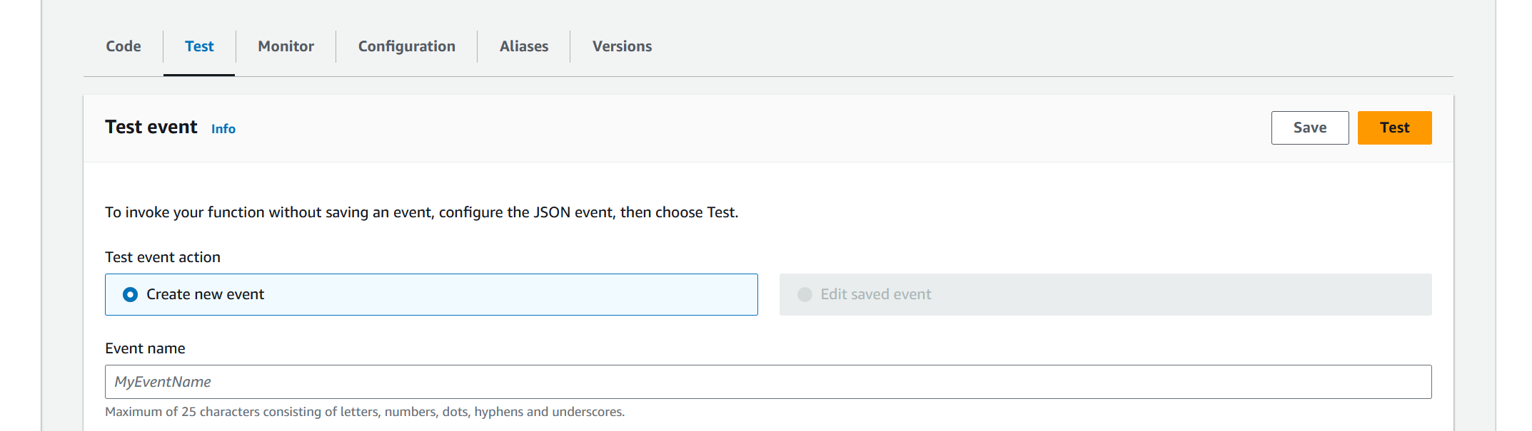 Screenshot showing location of Test button in Lambda console view