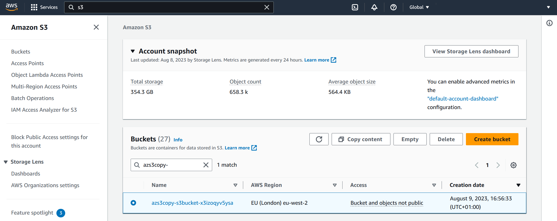 Screenshot showing Empty button in Amazon S3 console