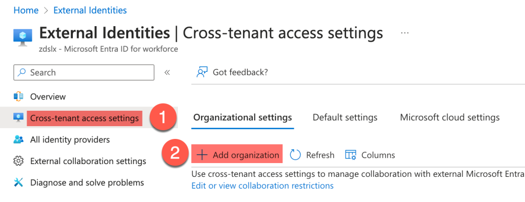 The Azure console displays the Add Organization from the Cross-Tenant access settings menu