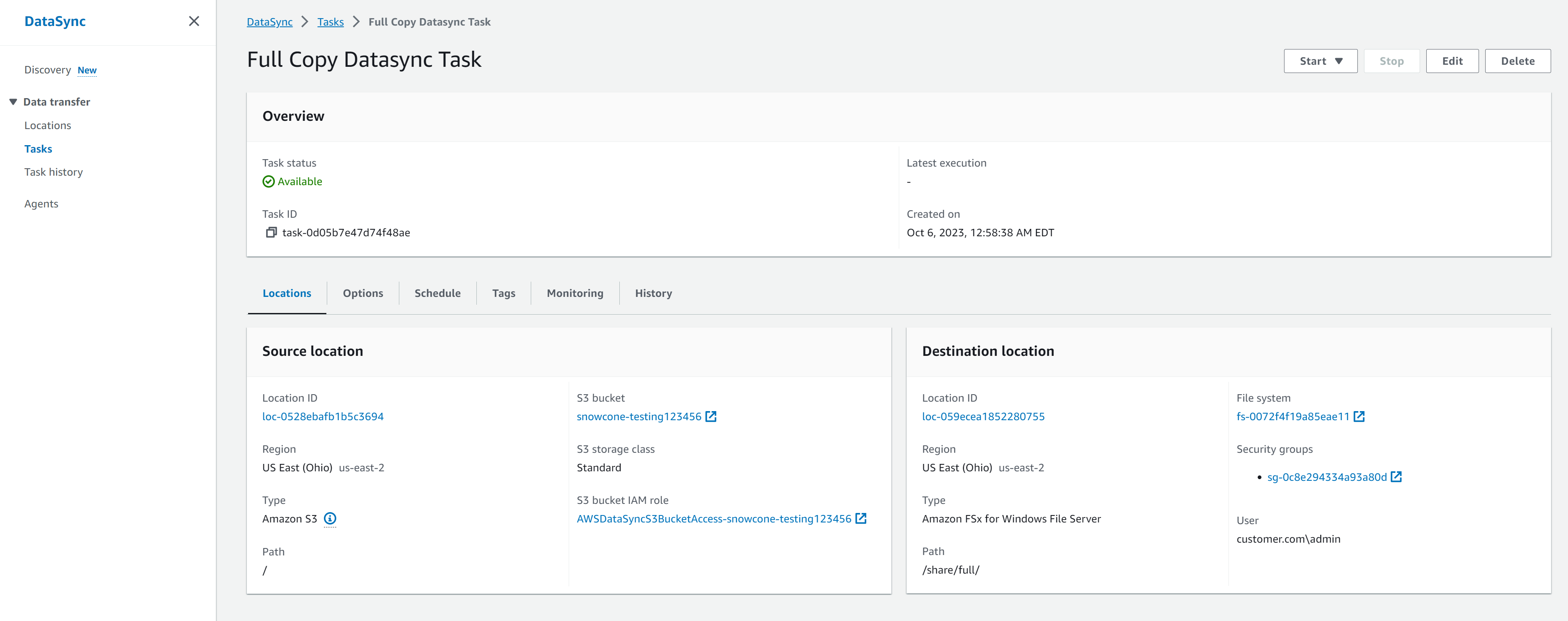  Figure 4 – AWS DataSync task to copy full backup file