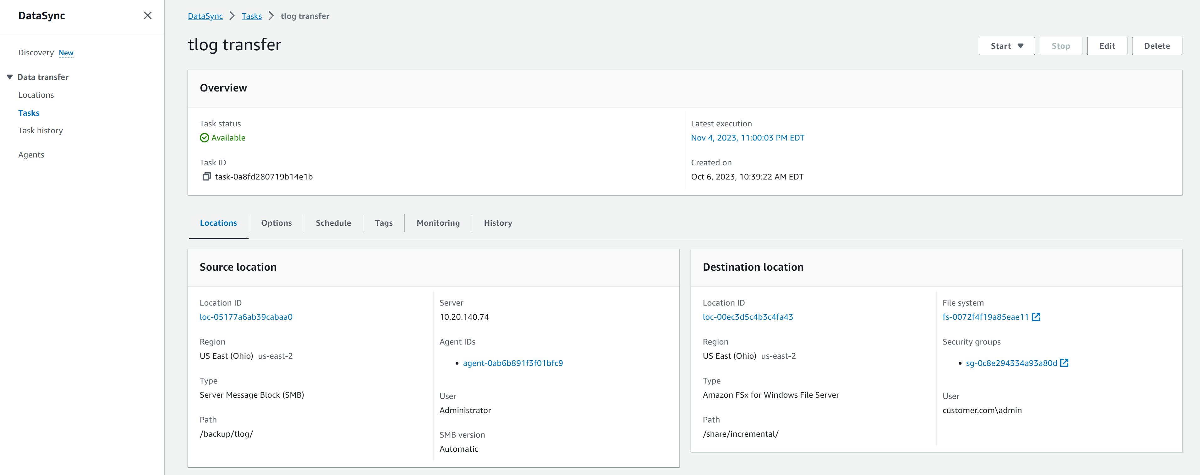 Figure 5 – AWS DataSync task to copy transaction log backup files
