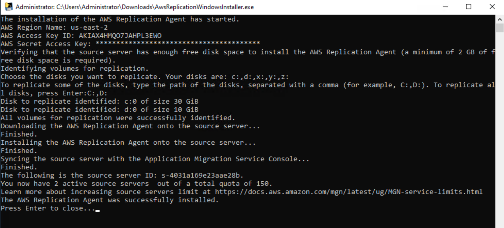 Figure 2 – Command prompt configuring AWS MGN replication