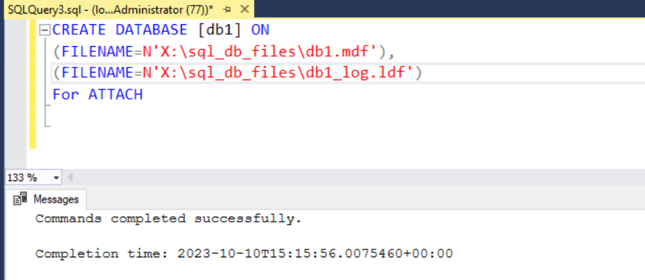 Figure 14 - Attaching db1 database