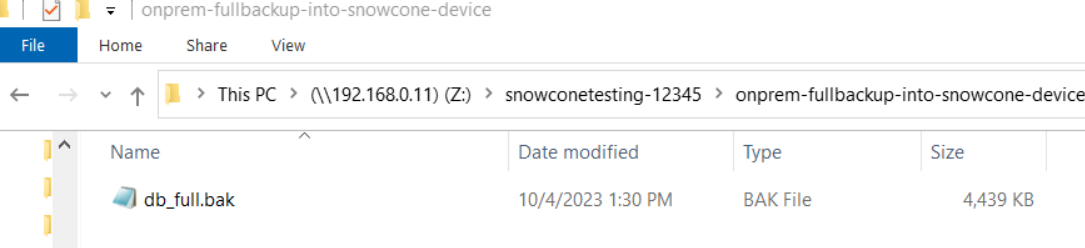 Figure 3 - On-premises full backup file copied on the AWS Snowcone device