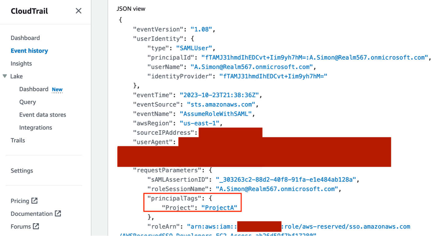 Figure 10: AWS CloudTrail event for A.Simon federation to AWS with "Project" passed as a tag in request