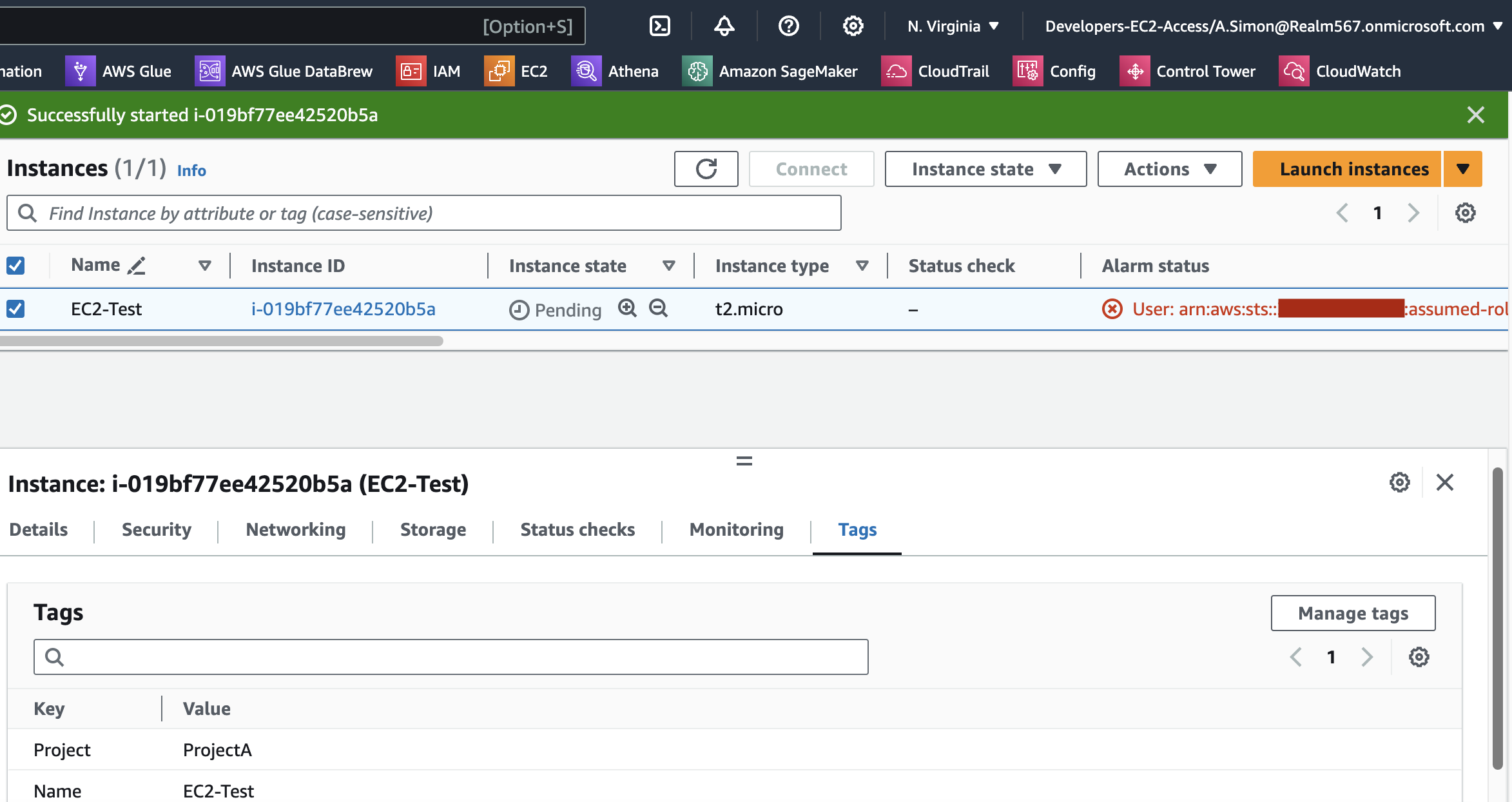 Figure 11 Successful Amazon EC2 Instance start operation by user A.Simon having “Project” custom attribute from Microsoft Entra ID&nbsp; passed as tag in AWS