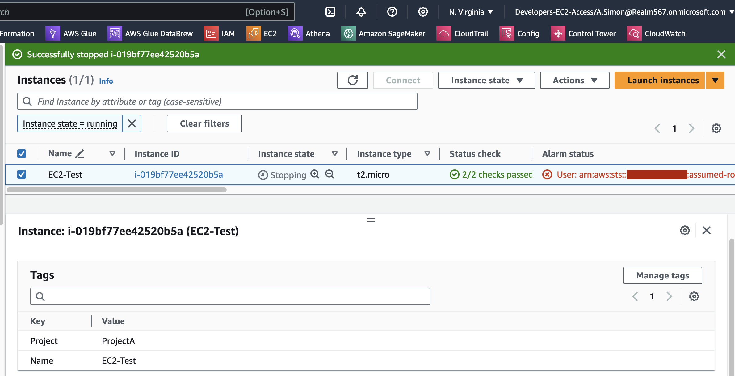 Figure 12: Successful Amazon EC2 Instance stop operation by user A.Simon having "Project" custom attribute from Microsoft Entra ID&nbsp; passed as tag in AWS