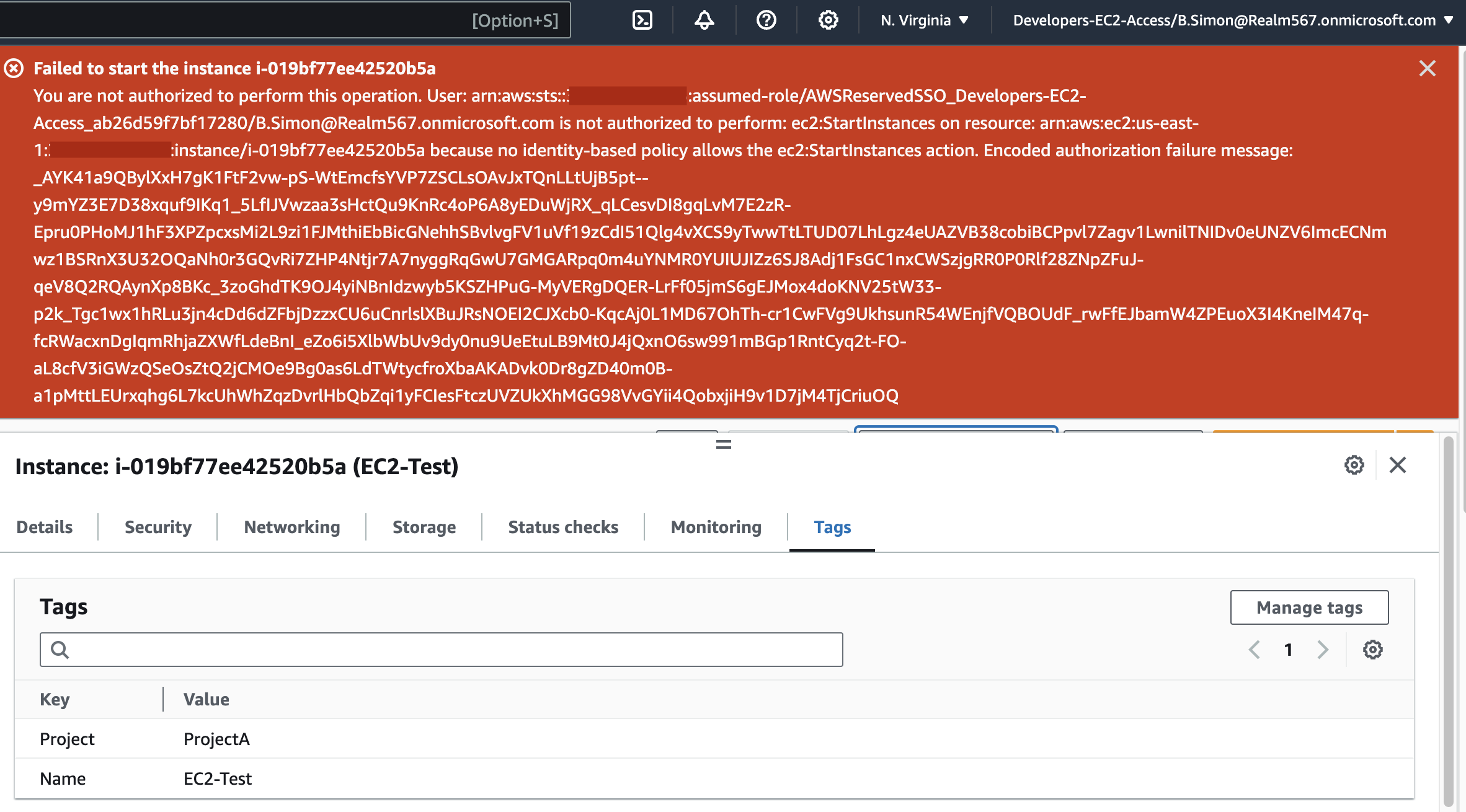 Figure 13: Unauthorized/Denied Amazon EC2 Instance start operation by user B.Simon having "HandoverPhase" custom attribute from Microsoft Entra ID&nbsp; passed as tag in AWS