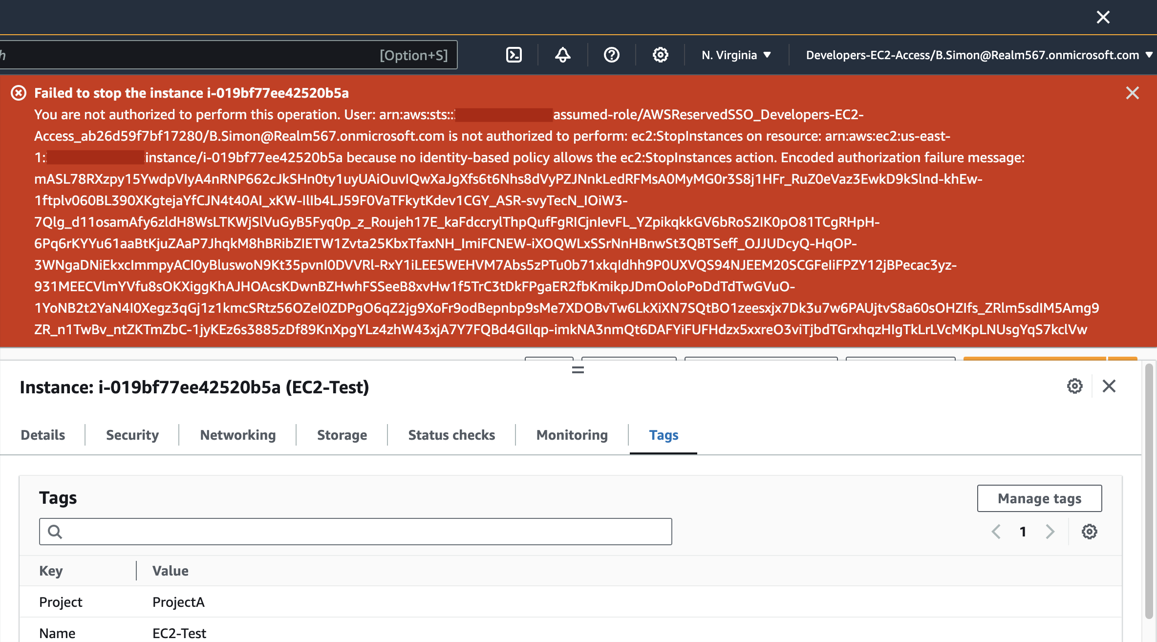 Figure 14: Unauthorized/Denied Amazon EC2 Instance stop operation by user B.Simon having "HandoverPhase" custom attribute from Microsoft Entra ID&nbsp; passed as tag in AWS