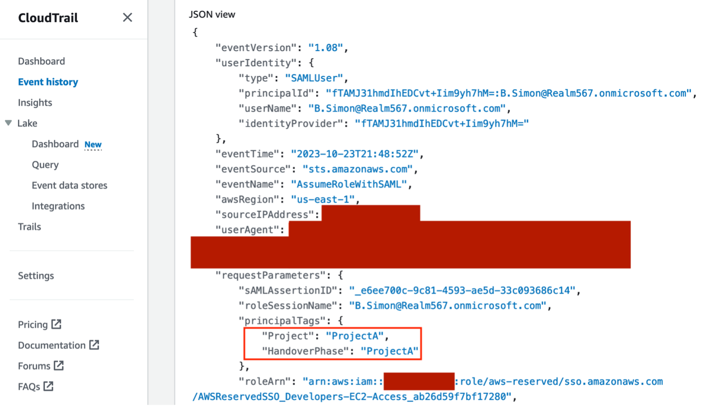 Figure 15: AWS CloudTrail event for B.Simon federation to AWS with "Project" and additionally, "HandoverPhase" passed as a tag in request