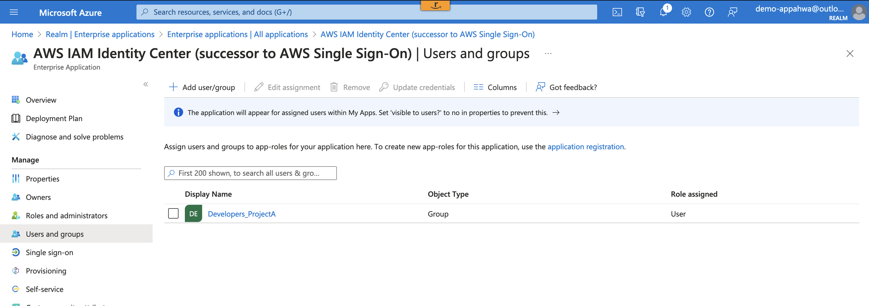Figure 3: Assign groups to AWS IAM Identity Center Enterprise Application in Microsoft Entra ID