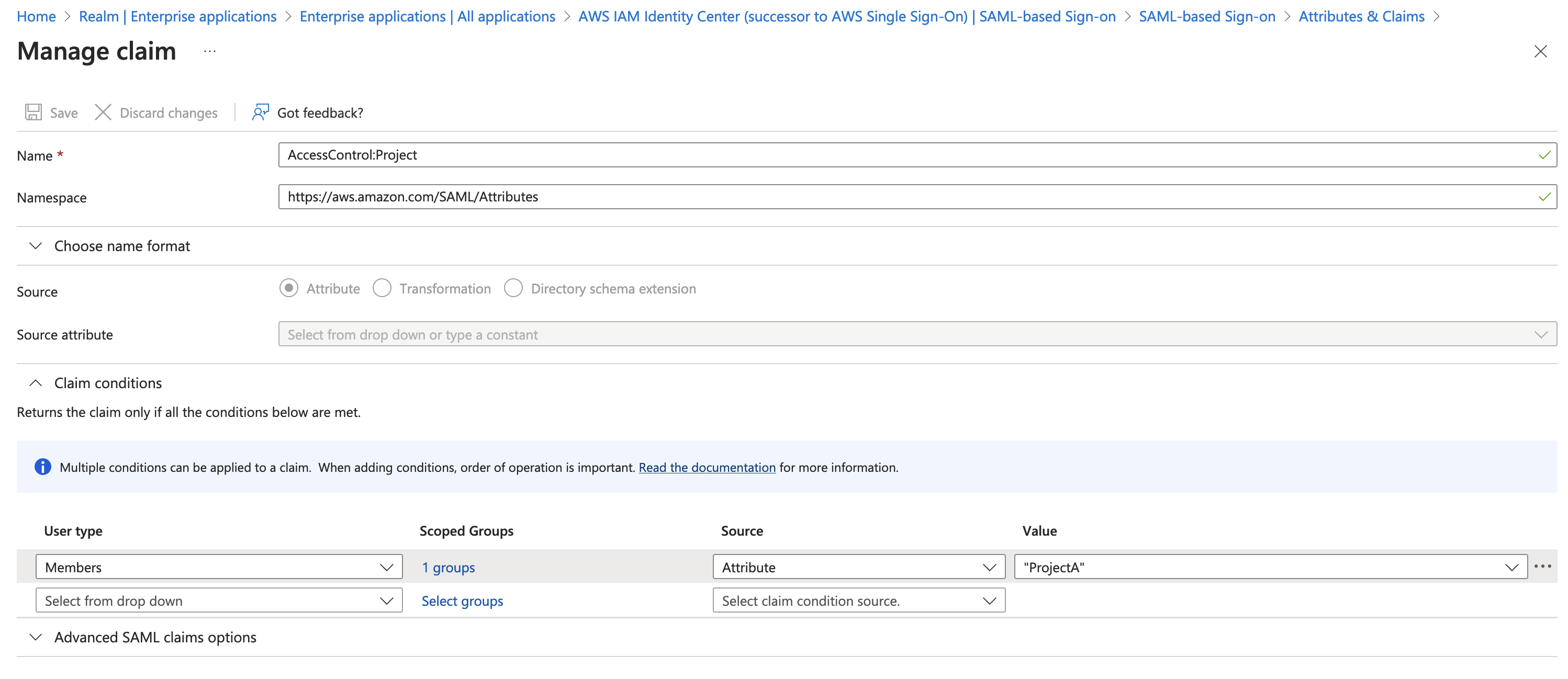 Figure 4: Create a claim in Microsoft Entra ID to pass custom attribute “Project”