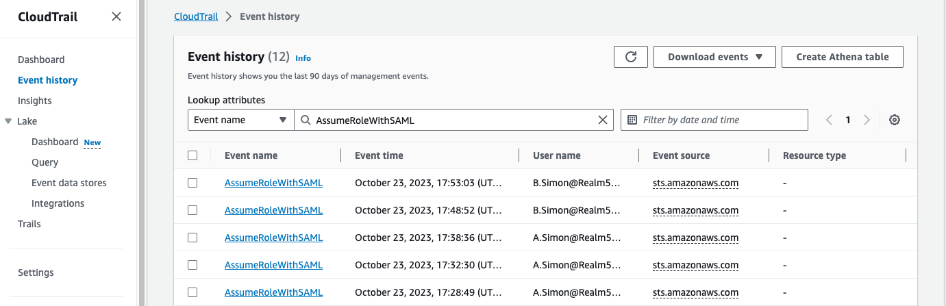 Figure 9: View AssumeRoleWithSAML event in AWS CloudTrail Event History