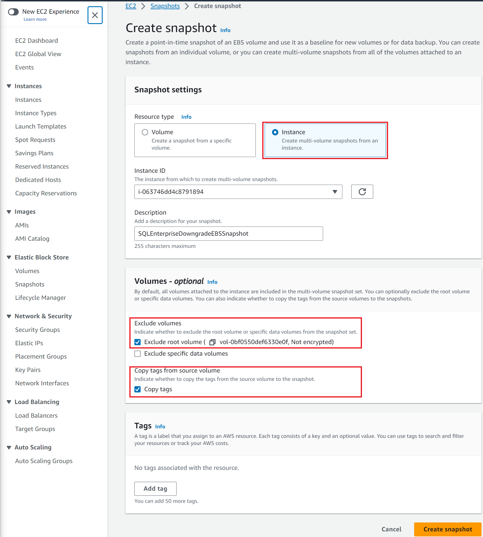 Create snapshot of Amazon EBS volumes