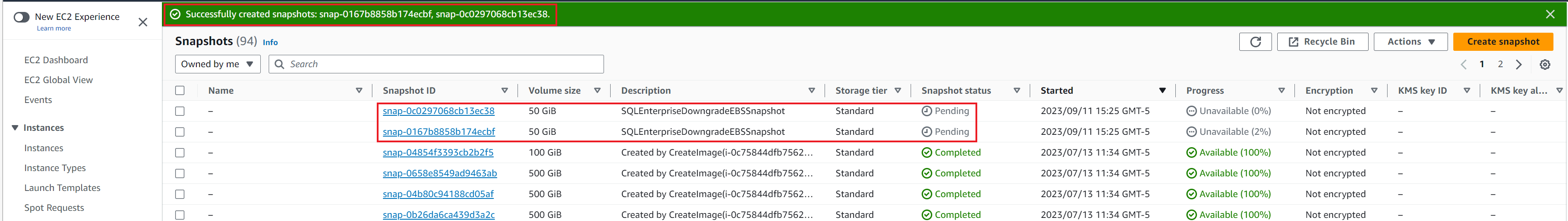 Amazon EBS snapshots creation in progress