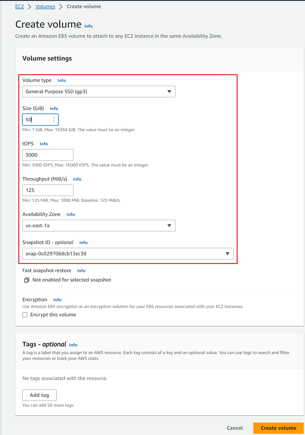 Create new Amazon EBS volume from EBS snapshot