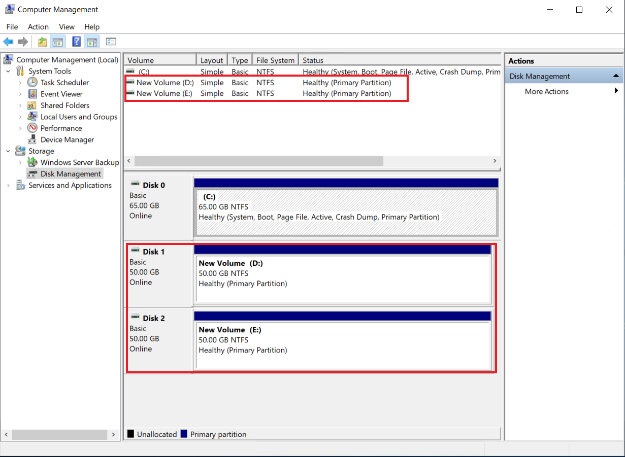 Attached Amazon EBS volumes in Disk management