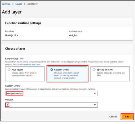 Add custom layers to AWS Lambda function