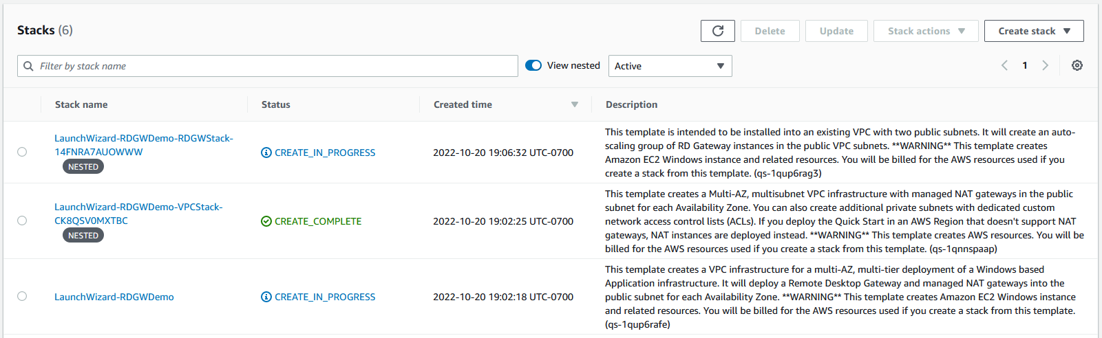 Figure 15: Deployment Progress, CloudFormation Console