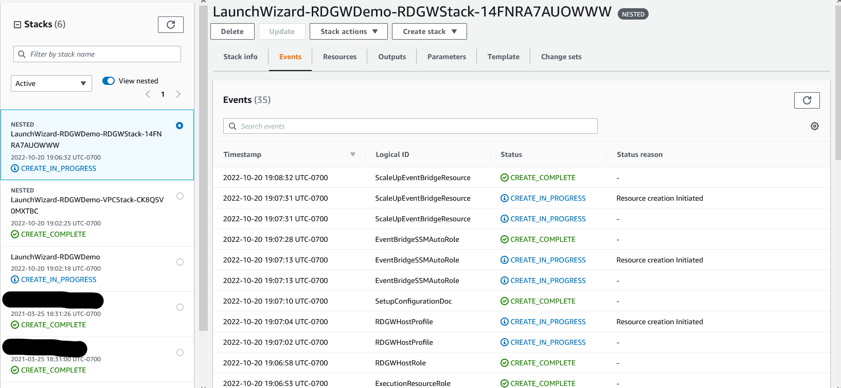 Figure 16: Deployment Progress, CloudFormation Events