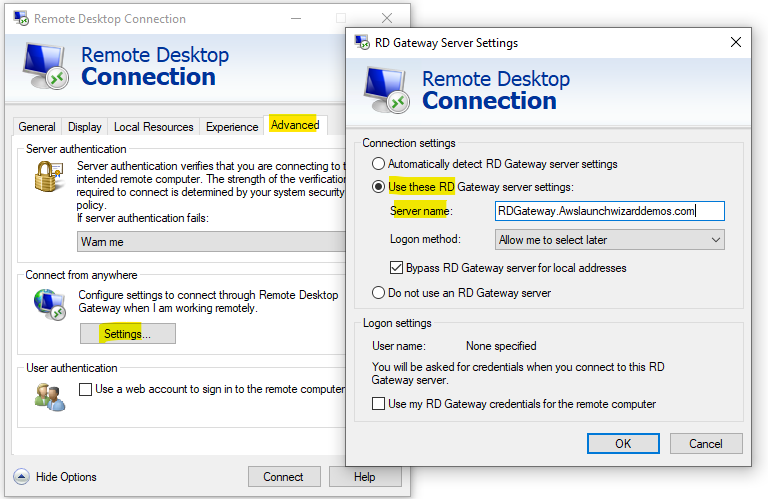 Figure 17: Defining RDP Gateway