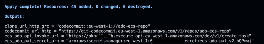 Console showing expected Terraform outputs