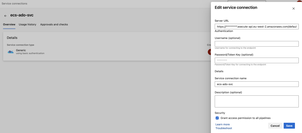 Screenshot of Azure DevOps configuration to add service connection