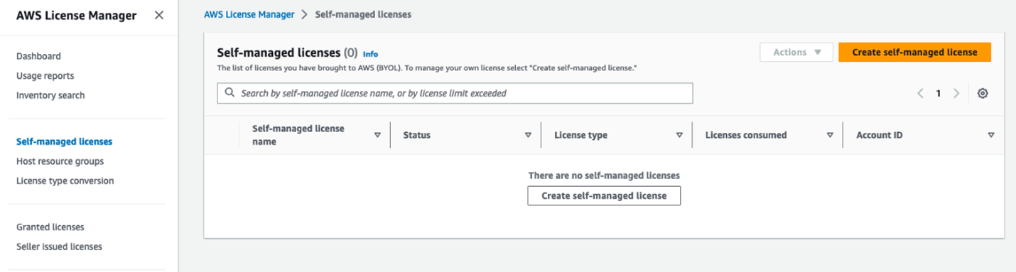 This image shows the AWS License Manager console after granting permissions. Currently the self-managed licenses section is selected with the option to create a self-managed license shown.