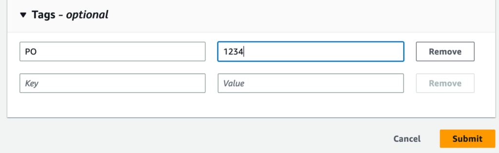 After creating a self-managed license, you are able to add custom tags to the license. This image shows the example tags from the post entered into the key-value pair of PO and 1234