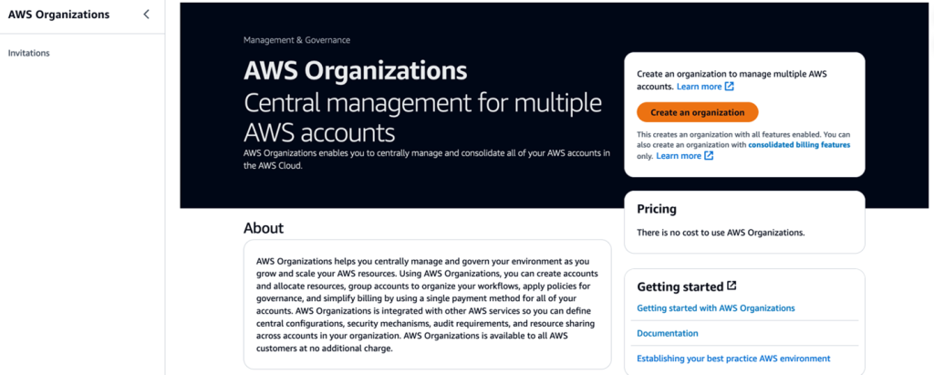 The home page for the AWS Organizations console. From here you can create an Organization