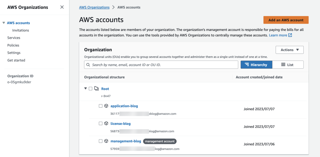 From the management account, you will be able to see all of the accounts that have been added to the Organization