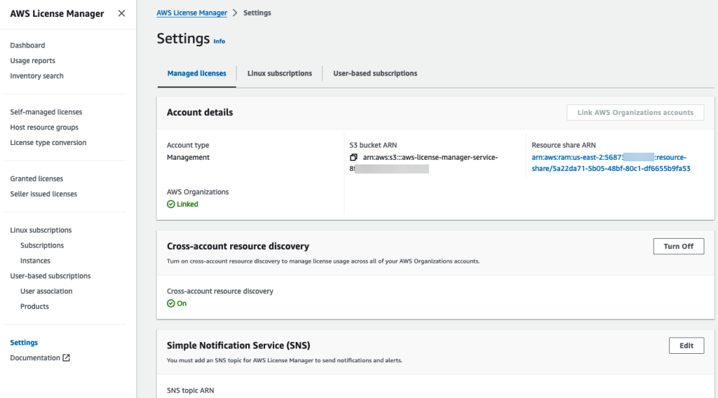 The image shows that cross-account discovery for AWS License Manager has been enabled for this account