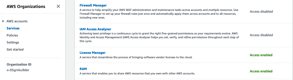 Resource Access Management (RAM) is shown as enabled in AWS Organizaitons for the Management account.