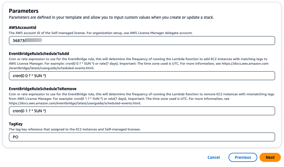 The custom fields will need to be set as part of the StackSet deployment. You will need to specify the License Manager delegate account as well as the TagKey you wish to use. You can leave the defaults or put custom values for the Event Bridge schedules