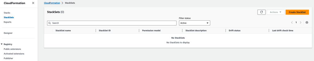 AWS CloudFormation console with the option to Create StackSet